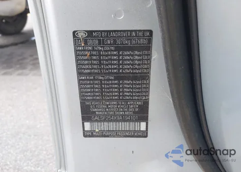 2009 Land Rover Range Rover Sport Hse из США, поврежденный, VIN SALSF254X9A194101